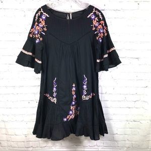 Free People Boho Embroidered Floral Ruffle Dress Size Small Black Pink Lavender